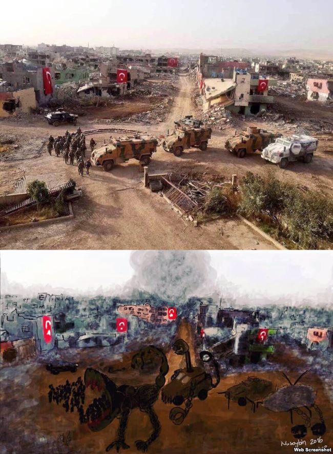  تصویر ویرانه‌های شهر نُصَیبین و پرچم‌های ترکیه بعد از عملیات نظامی/ نقاشی زهرا دوغان