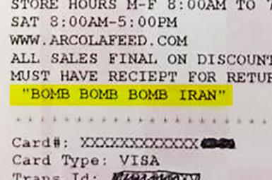 ' ایران را بمباران کنید' روی رسیدِ فروشگاهی در تگزاس