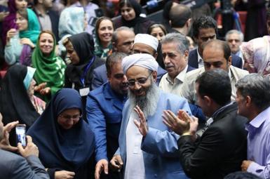 Prominent Sunni cleric Abdolhamid Esmail-Zehi in a gathering of Hassan Rouhani's supporters in Tehran, just after election on May 26, 2017.
