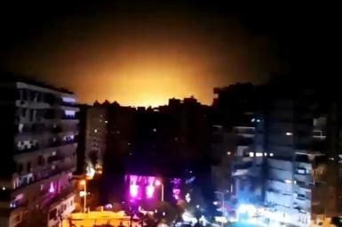 Explosions near Damascus, Syria during an air strike. Undated