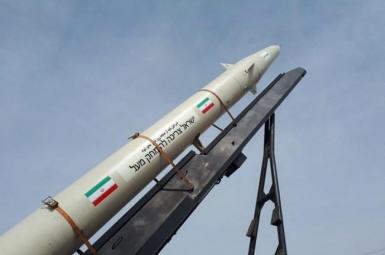 An Iranian missile on launch pad with a threat inscribed to destroy Israel. FILE