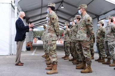 President Joe Biden addresses troops running a vaccination site in Houston. February 26, 2021
