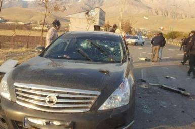 A bullet-ridden car at the assassination scene of Iran's top nuclear operator. November 27, 2020
