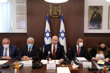 Israeli Prime Minister Naftali Bennett attends the weekly cabinet meeting at the prime minister's office in Jerusalem August 1, 2021. 
