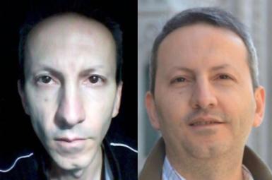 Dr. Ahmadreza Djalali before his arrest in 2016 (R) and in Iranian prison.