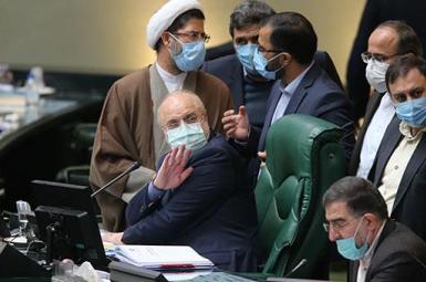 Speaker of parliament Mohammad Bagher Ghalibaf surrounded by lawmakers. February 2, 2021