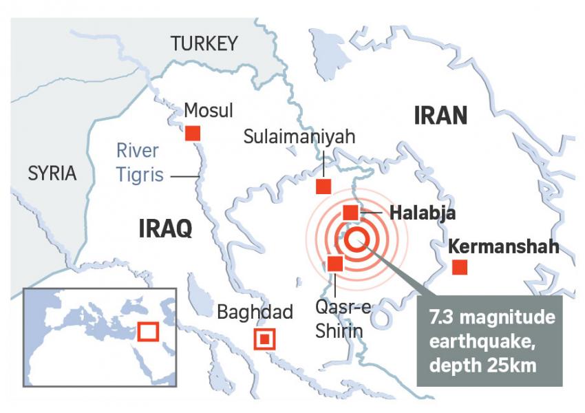 مرکز این زمین‌لرزه در حوالی شهر حلبچه واقع در جنوب کردستان عراق گزارش شده و در بسیاری از مناطق اقلیم کردستان صدمات و خساراتی را به خانه‌ها و مغازه‌ها وارد کرده است. 