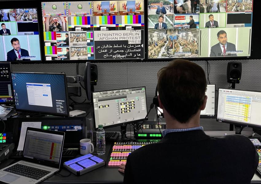 Afghanistan International TV crew at their broadcast station. FILE