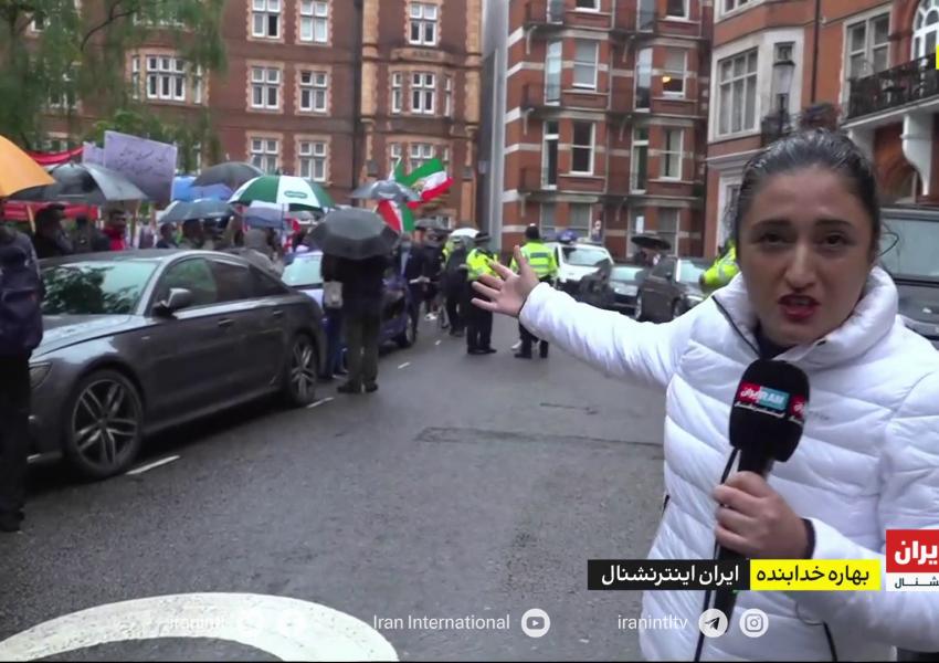 Iran International reporter Bahareh Khodabandeh covering protest at Iran's London consulate. June 18, 2021