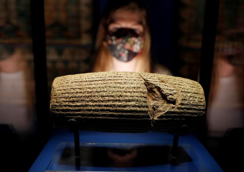 The Cyrus Cylinder on display at Epic Iran, at the V&A in London, Britain, May 25, 2021. 