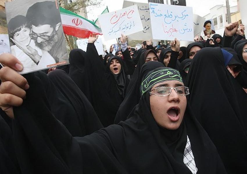 Female University Basij members in a state-sponsored rally. Undated