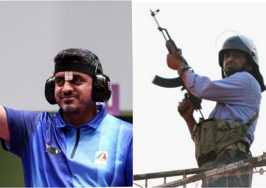 Iran's controversial Olympic Gold Medal winner Javad Foroughi (L) and an IRGC gunman resembling him.