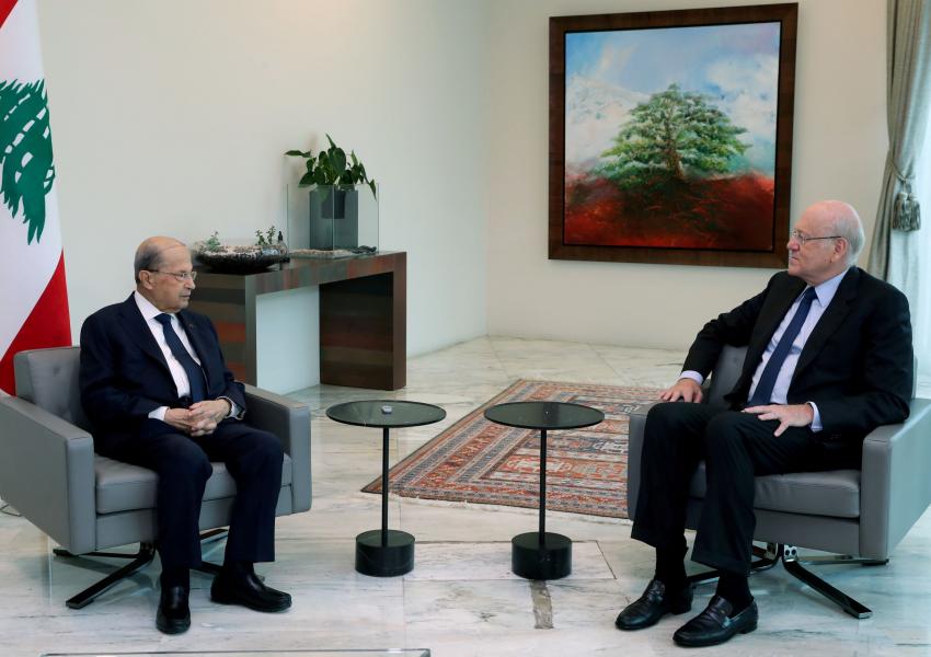 Lebanon's President Michel Aoun meets with Prime Minister-Designate Najib Mikati, at the presidential palace, Lebanon. July 28, 2021