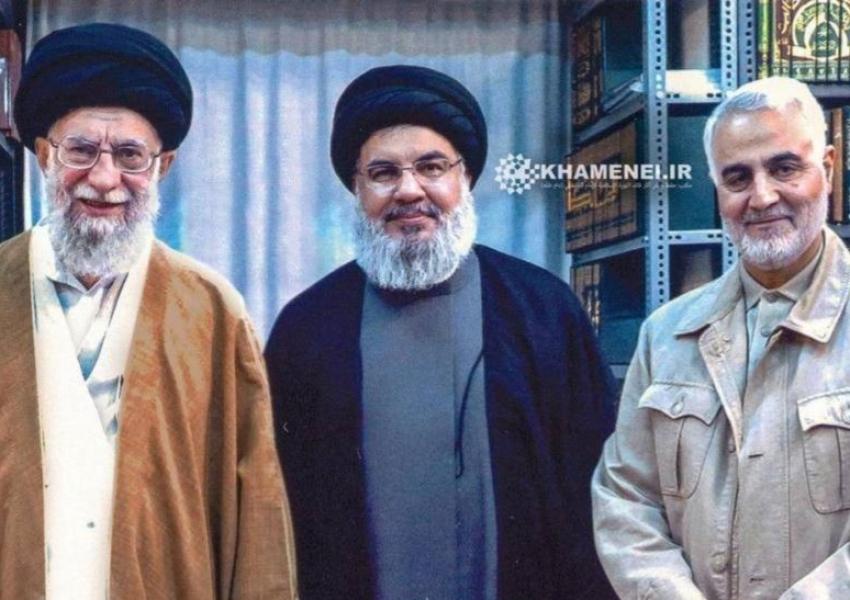 Hezbollah's Hassan Nasrallah (C) with Ali Khamenei and Qasem Soleimani (R). Published September 25, 2019