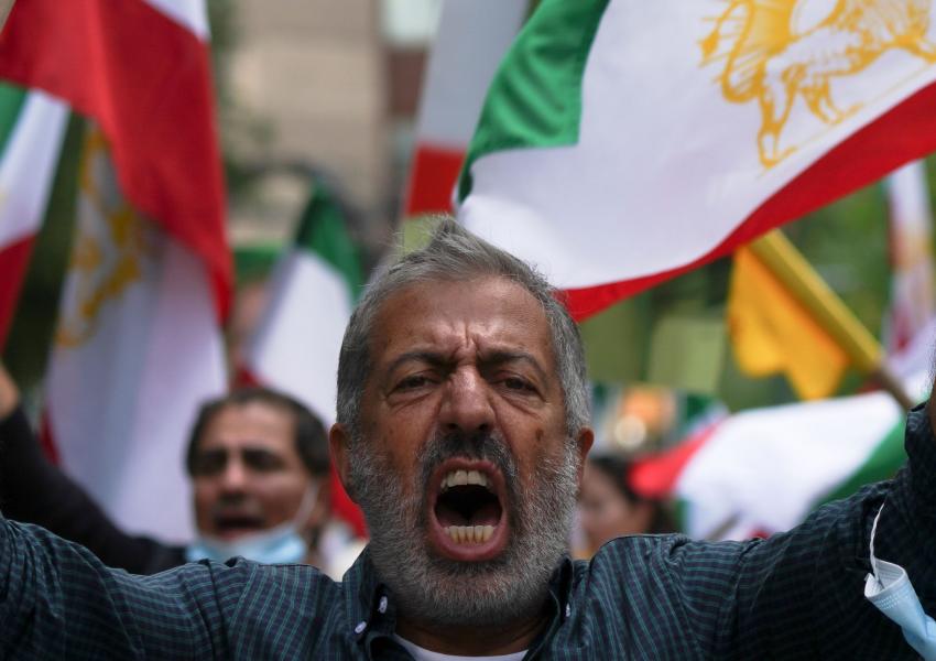 An Iranian protester shouting against the Islamic Republic outside the UN in New York. September 21, 2021