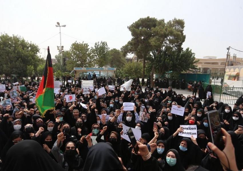 Afghans living in Iran protesting in Qom. August 16, 2021