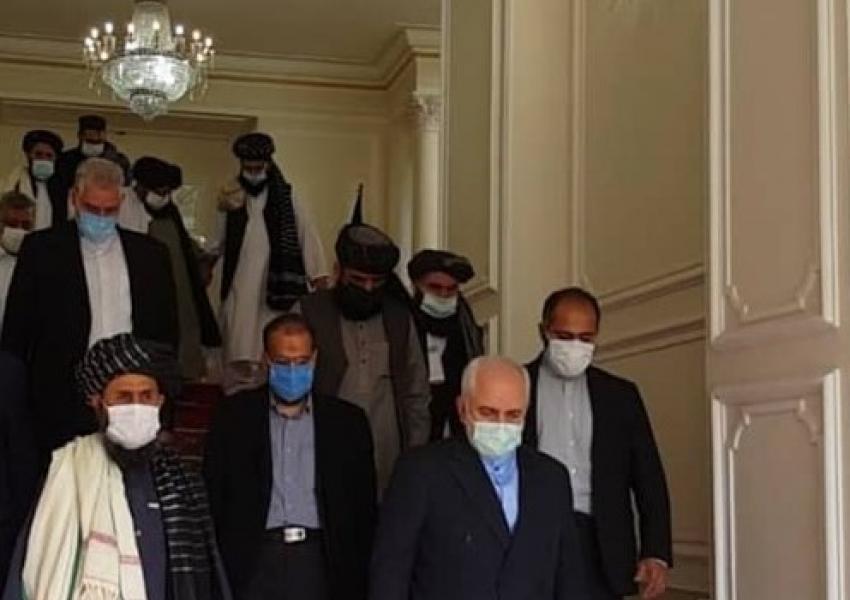 Iran's Mohammad Javad Zarif with the visiting Taliban delegation in Tehran. January 31, 2021